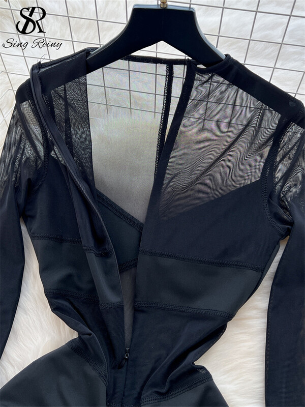 SINGREINY American Ins seksi kombinezoni Ženske pune rukave s patentnim zatvaračem Mrežasti spoj Prozirni objedinjavajući šik dizajn Hotsweet ljetni kombinezoni