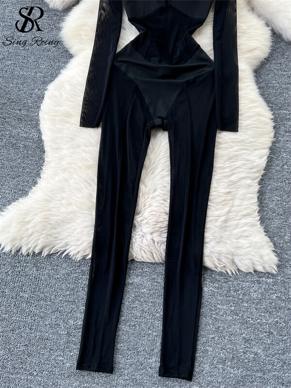 SINGREINY American Ins seksi kombinezoni Ženske pune rukave s patentnim zatvaračem Mrežasti spoj Prozirni objedinjavajući šik dizajn Hotsweet ljetni kombinezoni