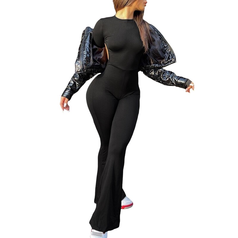 Ženski šuplji crni kombinezon dugih rukava, uski, ležerni, modni kombinezon High Street, jednobojni, jednobojni kombinezon 2024.