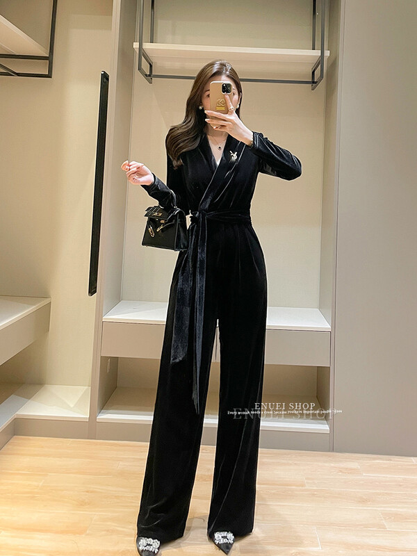 2024. aasta moodne musta sametist kombinesooni naiste kevad-sügis kõrge vöökohaga kontorinaiste kombinesoonid, Femme elegantsed kombinesoonid
