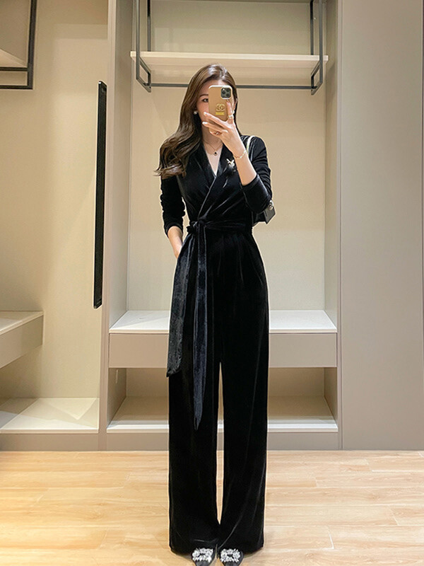 2024. aasta moodne musta sametist kombinesooni naiste kevad-sügis kõrge vöökohaga kontorinaiste kombinesoonid, Femme elegantsed kombinesoonid