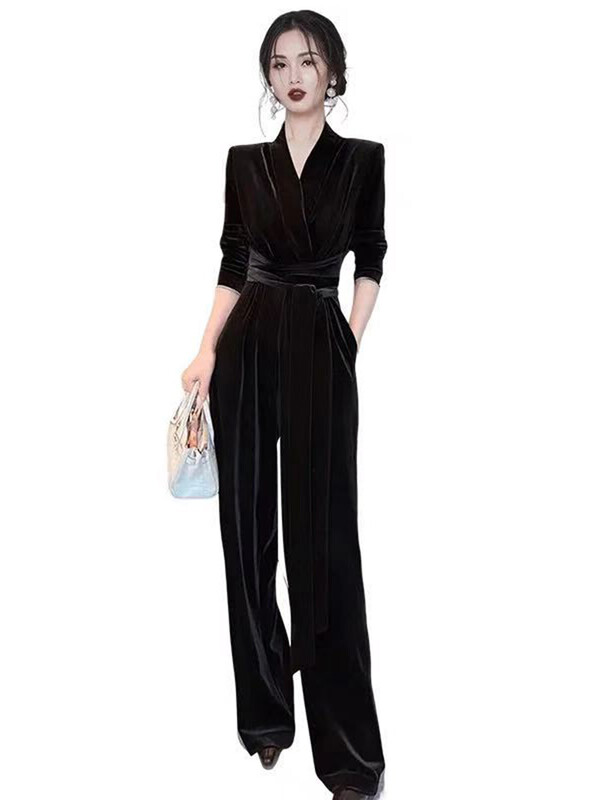 DEAT Baršunasti jednobojni ženski kombinezon s izrezom Novi modeli Visokog struka Elegantni ženski kombinezoni dugih rukava Jesen 2024. 15C471