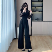 Korejski elegantni crni kombinezon od čipke u stilu patchwork-a Ženski ljetni kombinezoni s dugim rukavima visokog struka Combinaison Femme Kombinezoni