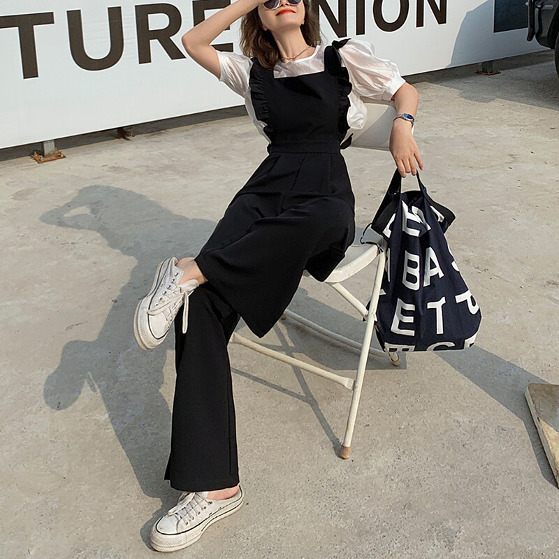 Корейски летен гащеризон с волани Дамски черни гащеризони с висока талия Combinaison Femme Елегантни гащеризони Дамски дрехи