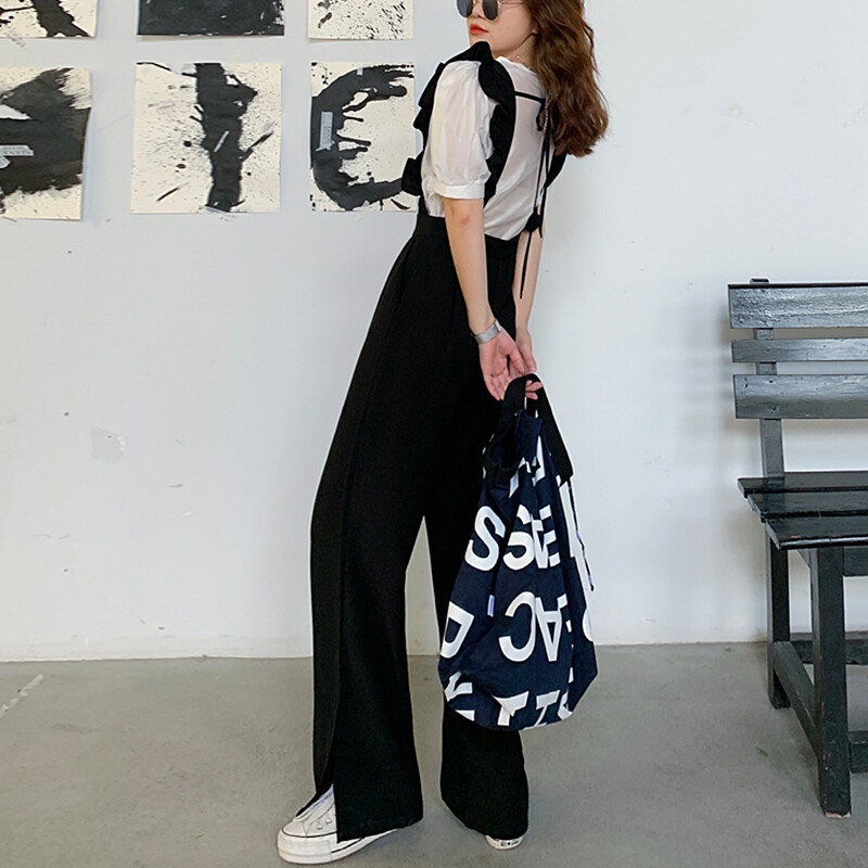 Корейски летен гащеризон с волани Дамски черни гащеризони с висока талия Combinaison Femme Елегантни гащеризони Дамски дрехи