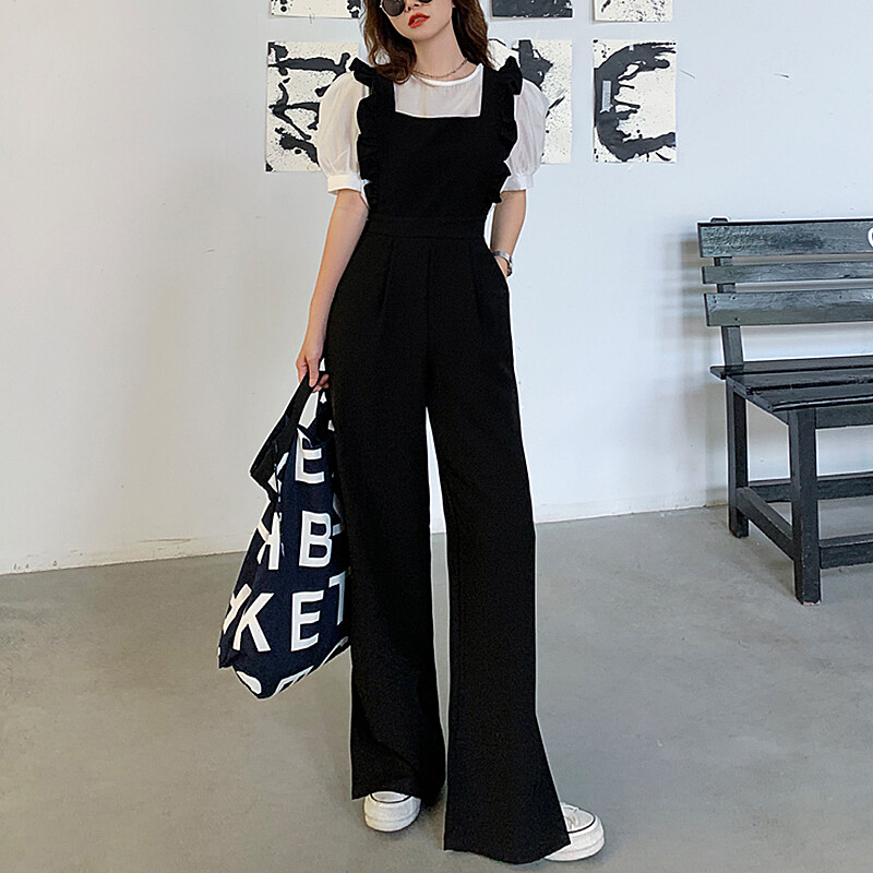 Корейски летен гащеризон с волани Дамски черни гащеризони с висока талия Combinaison Femme Елегантни гащеризони Дамски дрехи