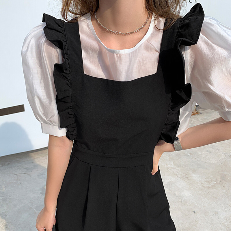 Корейски летен гащеризон с волани Дамски черни гащеризони с висока талия Combinaison Femme Елегантни гащеризони Дамски дрехи