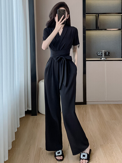 Novi ljetni elegantni kombinezoni kratkih rukava dugih rukava za 2024. za žene, modni ured OL, uske široke hlače visokog struka