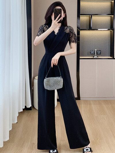 Ljeto 2024. Elegantni modni seksi kombinezon s čipkom za žene s V izrezom i kratkim rukavima, uredski OL, tanke široke hlače s visokim strukom