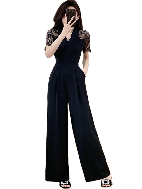 Ljeto 2024. Elegantni modni seksi kombinezon s čipkom za žene s V izrezom i kratkim rukavima, uredski OL, tanke široke hlače s visokim strukom