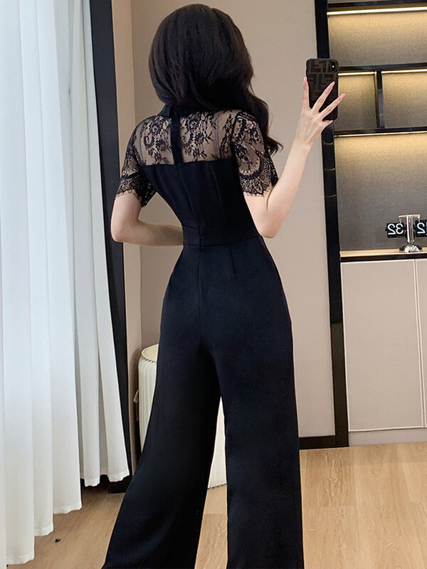 Ljeto 2024. Elegantni modni seksi kombinezon s čipkom za žene s V izrezom i kratkim rukavima, uredski OL, tanke široke hlače s visokim strukom