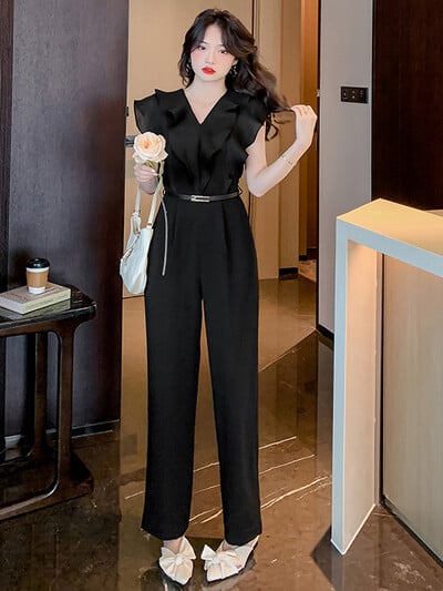 2024 Noua vară coreeană cu volane fără mâneci salopete elegante de afaceri pentru femei Office OL Slim Belt Wiast Belt Salopete lungi