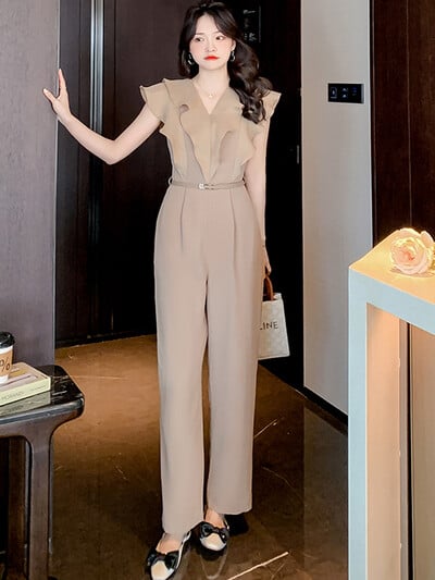 2024 Noua vară coreeană cu volane fără mâneci salopete elegante de afaceri pentru femei Office OL Slim Belt Wiast Belt Salopete lungi