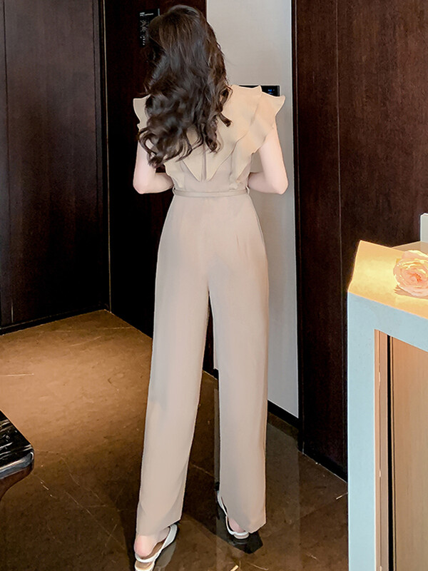 2024 Noua vară coreeană cu volane fără mâneci salopete elegante de afaceri pentru femei Office OL Slim Belt Wiast Belt Salopete lungi