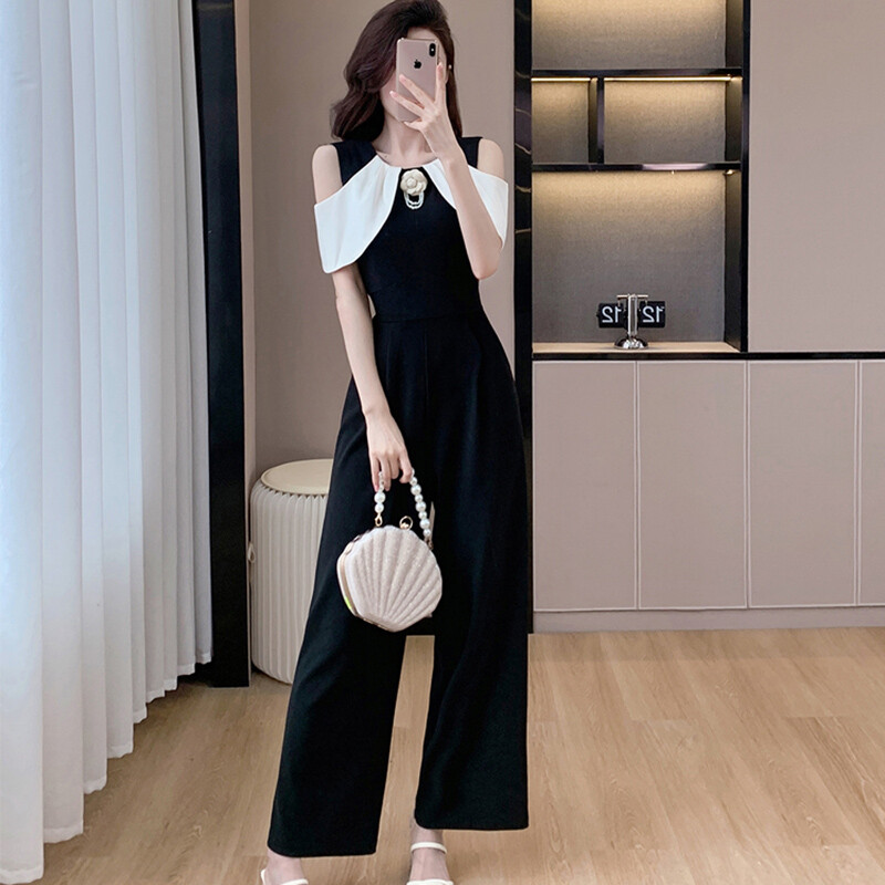 Korejski modni seksi uski kombinezon s otvorenim ramenima za žene Ured OL Elegantne hit boje patchwork hlače visokog struka širokih nogavica 2024.