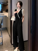 YZJNH Ljeto 2024. Novi francuski modni jednostavni kombinezon s V-izrezom s remenom, crni ženski kombinezon od čipke