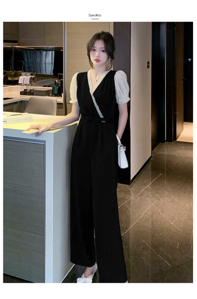 YZJNH Ljeto 2024. Novi francuski modni jednostavni kombinezon s V-izrezom s remenom, crni ženski kombinezon od čipke