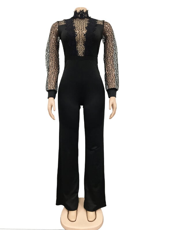 2024. Novi, jednobojni, elegantni dugi kombinezon s visokim ovratnikom i dugim rukavima za cijelo tijelo, seksi mrežasti ženski kombinezon s perspektivom na vezanje