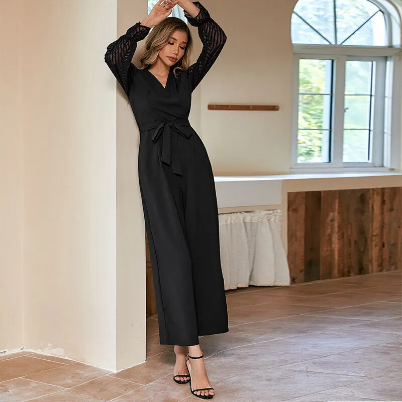Crni kombinezon za žene s V izrezom i dugim rukavima Kombinezoni za žene Ženski izdubljeni kombinezoni Proljeće Jesen Zima Otmjeni kombinezoni za zabave