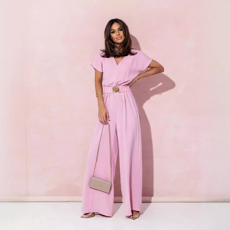 Ljetni ženski jednobojni kombinezoni s V-izrezom, uski, dugi kombinezoni kratkih rukava, elegantni jednodijelni kombinezoni za zabave