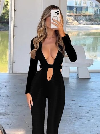 Μαύρα μακρυμάνικα Φθινοπωρινά χειμερινά Playsuits Rompers Γυναικείες 2024 Επίδεσμος Hollow Out Holiday casual κομψές μακριές φόρμες