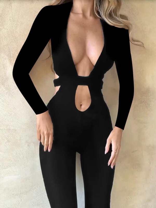 Черни костюми с дълги ръкави Есен Зима Гащеризони Дамски 2024 Бандажни издълбани празнични ежедневни елегантни дълги гащеризони