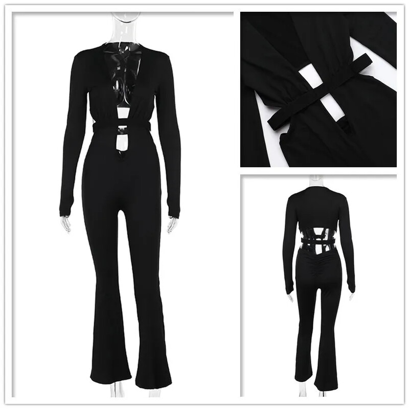 Черни костюми с дълги ръкави Есен Зима Гащеризони Дамски 2024 Бандажни издълбани празнични ежедневни елегантни дълги гащеризони