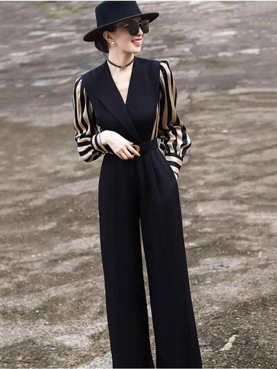Salopetă de modă Office Office Lady Patchwork femei primăvară toamnă talie înaltă salopete în dungi Combinaison femme salopete elegante