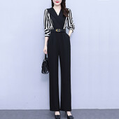 Korejski elegantni prugasti patchwork kombinezon Ženski ljetni kombinezoni s visokim strukom dugih rukava Combinaison Femme Kombinezoni