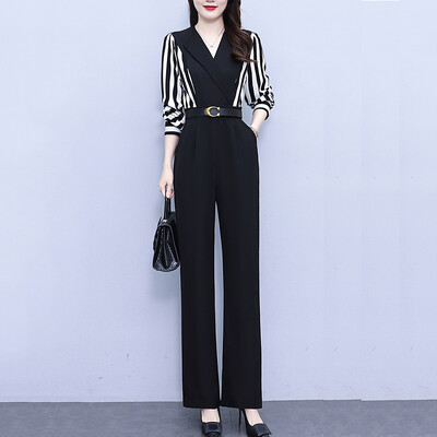 Korejski elegantni prugasti patchwork kombinezon Ženski ljetni kombinezoni s visokim strukom dugih rukava Combinaison Femme Kombinezoni