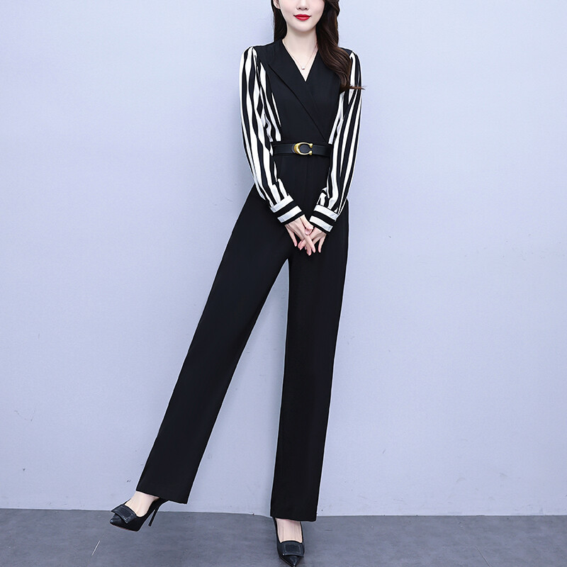 Korejski elegantni prugasti patchwork kombinezon Ženski ljetni kombinezoni s visokim strukom dugih rukava Combinaison Femme Kombinezoni