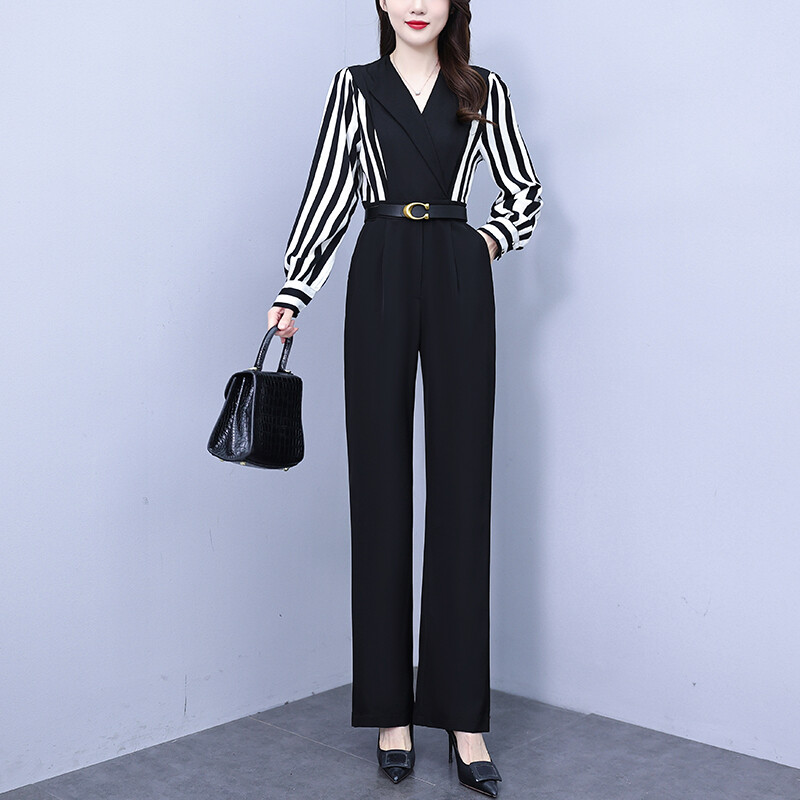 Korejski elegantni prugasti patchwork kombinezon Ženski ljetni kombinezoni s visokim strukom dugih rukava Combinaison Femme Kombinezoni