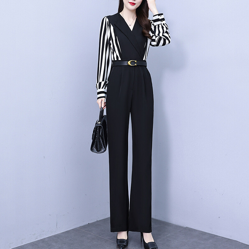 Korejski elegantni prugasti patchwork kombinezon Ženski ljetni kombinezoni s visokim strukom dugih rukava Combinaison Femme Kombinezoni