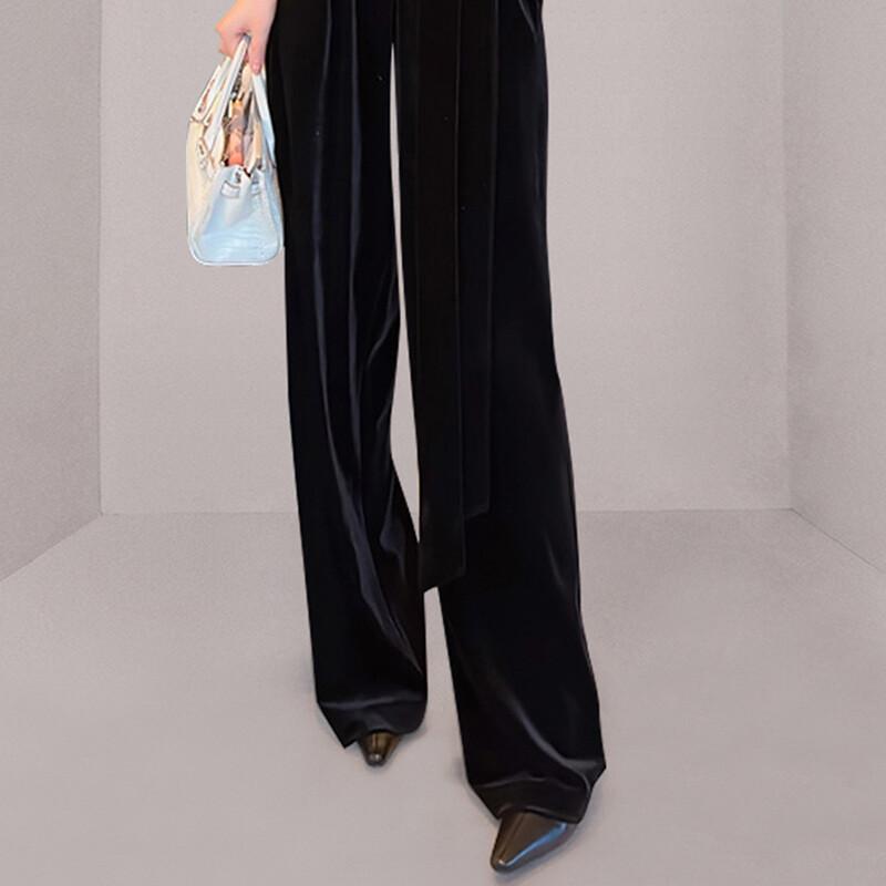 JSXDHK Runway Elegantni jesenski zimski baršunasti kombinezon za žene V izrez visokog struka dugih rukava s remenom na vezanje širokih nogavica Hlače