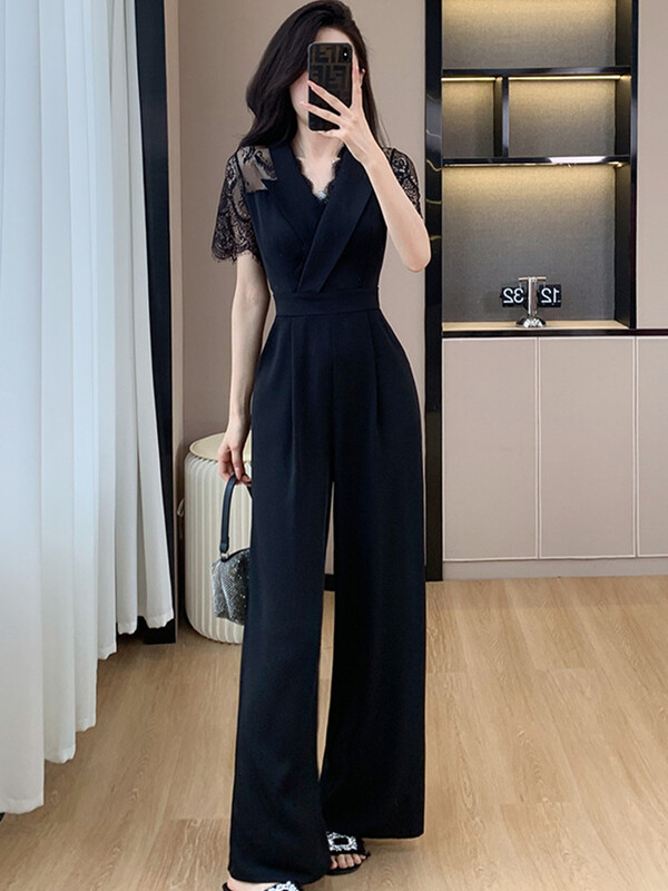 SMTHMA Ljetni kombinezon Ženski novi modni kombinezon od čipke kratkih rukava visokog struka Ležerni ženski kombinezon