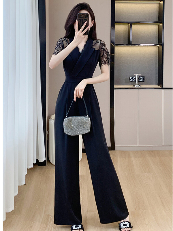 SMTHMA Ljetni kombinezon Ženski novi modni kombinezon od čipke kratkih rukava visokog struka Ležerni ženski kombinezon