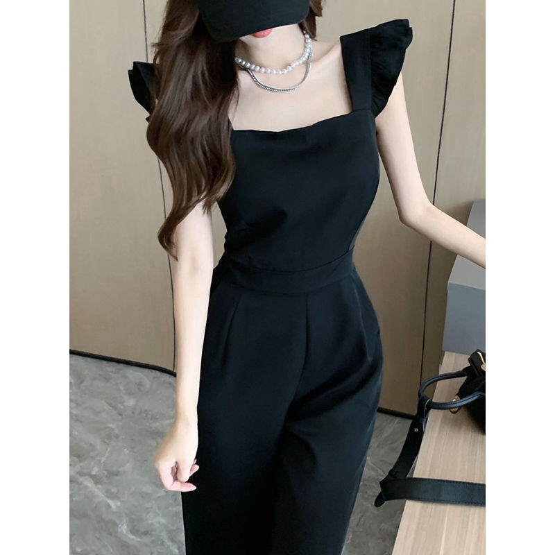 Xgoth crni kombinezon s četvrtastim izrezom, letećim rukavima i širokim nogavicama, ležerne hlače Korejski modni uski kombinezoni za vruće djevojke Ženska odjeća