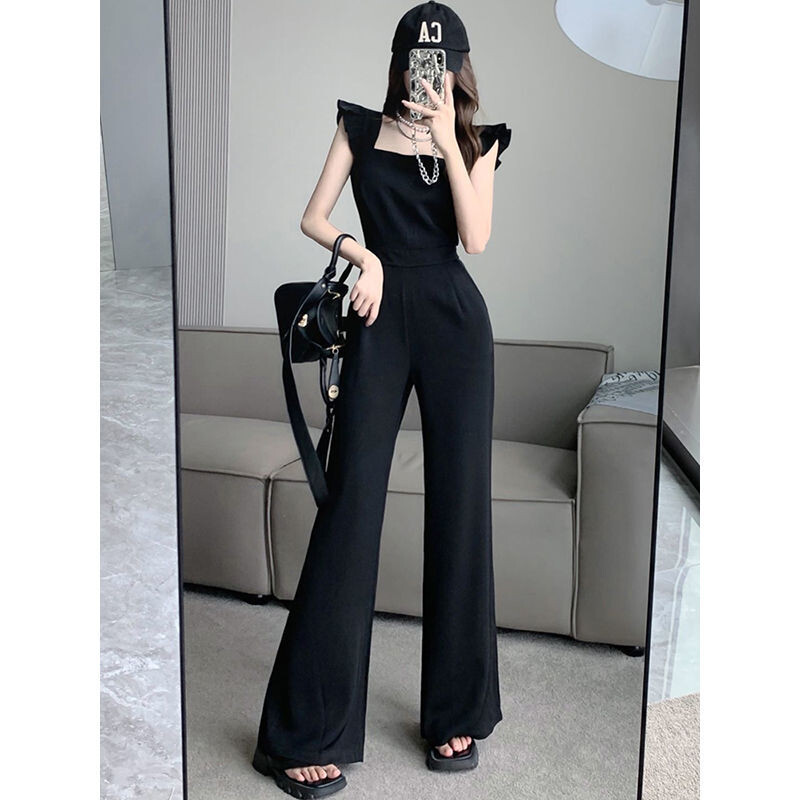 Xgoth crni kombinezon s četvrtastim izrezom, letećim rukavima i širokim nogavicama, ležerne hlače Korejski modni uski kombinezoni za vruće djevojke Ženska odjeća
