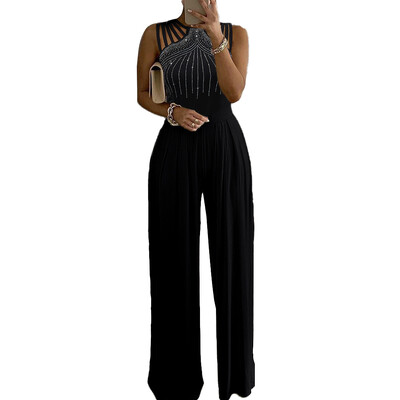 Μαύρες γυναικείες φόρμες με λαμπερό σχέδιο στρας Λεπτό επίσημο βραδινό πάρτι μονοκόμματη σέξι ολόσωμη φόρμα με φαρδιά πόδι