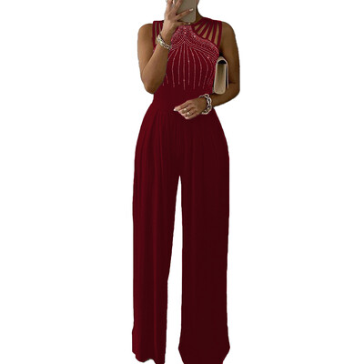 Μαύρες γυναικείες φόρμες με λαμπερό σχέδιο στρας Λεπτό επίσημο βραδινό πάρτι μονοκόμματη σέξι ολόσωμη φόρμα με φαρδιά πόδι