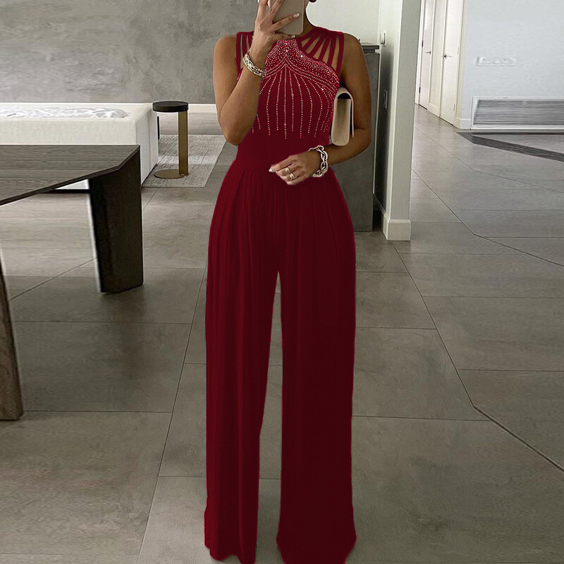 Μαύρες γυναικείες φόρμες με λαμπερό σχέδιο στρας Λεπτό επίσημο βραδινό πάρτι μονοκόμματη σέξι ολόσωμη φόρμα με φαρδιά πόδι