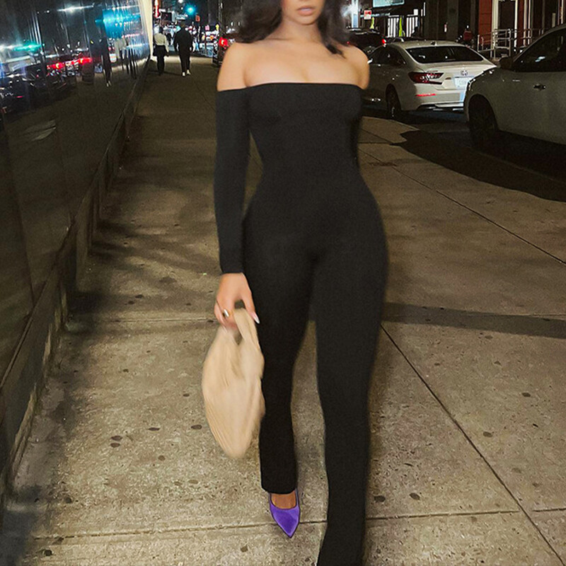 Juhuslikud mustad õlgadeta kombinesoonid Seksikas moodne elegantne kriipskrae 2024 pikkade varrukatega kõrge elastsusega Bodycon Clubi sidemega trikoo