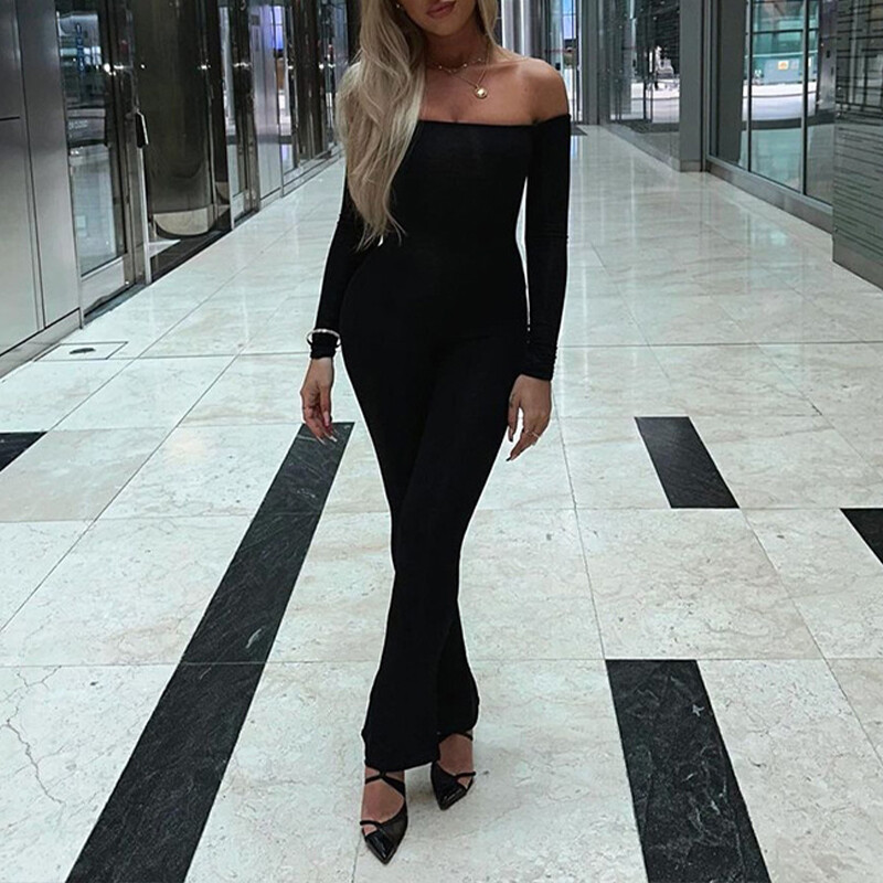 Juhuslikud mustad õlgadeta kombinesoonid Seksikas moodne elegantne kriipskrae 2024 pikkade varrukatega kõrge elastsusega Bodycon Clubi sidemega trikoo