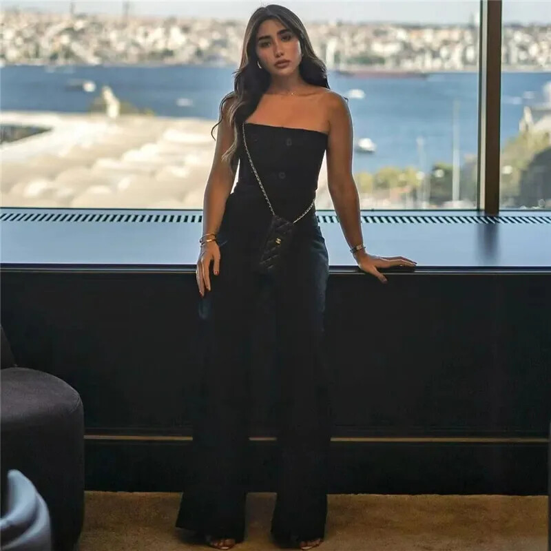 2024. Crni kombinezon širokih nogavica za žene, dugi kombinezoni s otvorenim ramenima, ženski elegantni ženski kombinezoni bez leđa i rukava