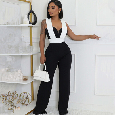 Novi trendi ženski ljetni kombinezon Seksi uredska dama Bijelo crni izdubljeni kombinezon