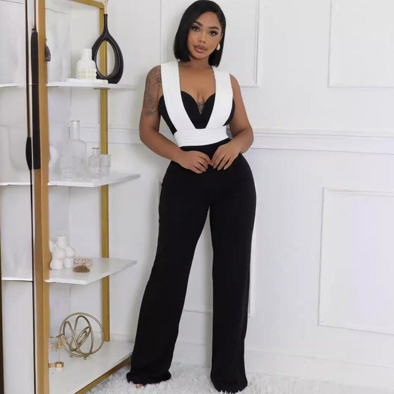 Novi trendi ženski ljetni kombinezon Seksi uredska dama Bijelo crni izdubljeni kombinezon