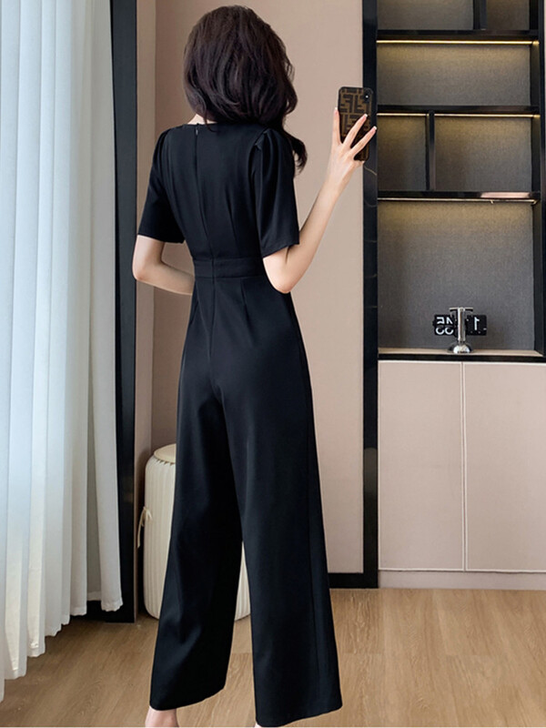 SMTHMA Elegantni kombinezon, ženski kombinezon kratkih rukava, O-izreza, visokog struka, uredski kombinezon širokih nogavica, kombinezon, veleprodaja Dropshipping