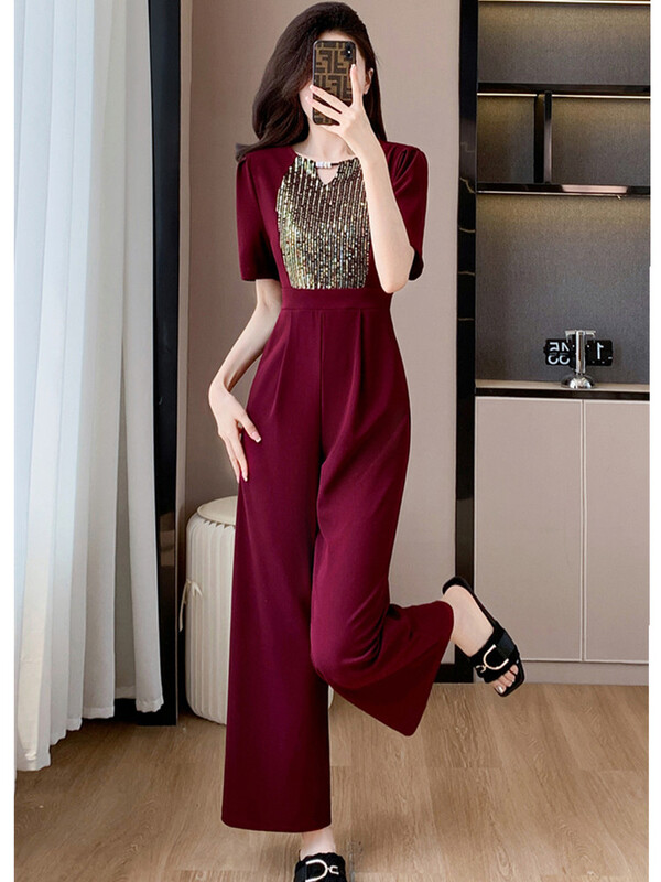 SMTHMA Elegantni kombinezon, ženski kombinezon kratkih rukava, O-izreza, visokog struka, uredski kombinezon širokih nogavica, kombinezon, veleprodaja Dropshipping