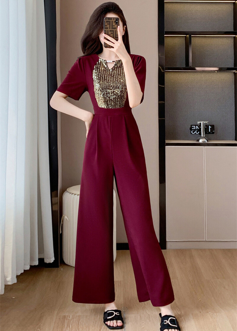 Visokokvalitetni modni ljetni uski kombinezon s visokim strukom, novi elegantni ženski kombinezon s okruglim izrezom i ljubičastim šljokicama, elastični kombinezon širokih nogavica