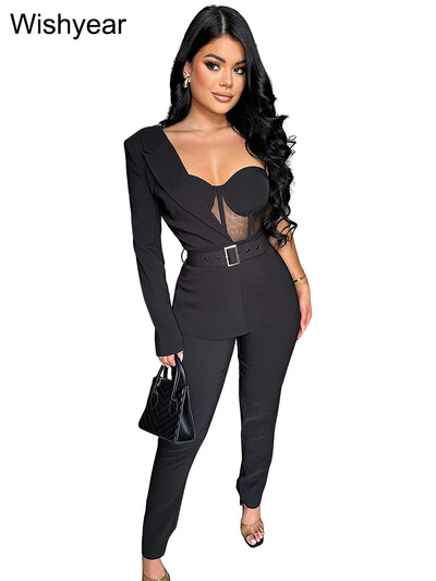 Wishyear Asimetrični crni kombinezoni na jedno rame s remenom Ženski seksi jednodijelni kombinezoni za klubske zabave Rođendanski kombinezoni